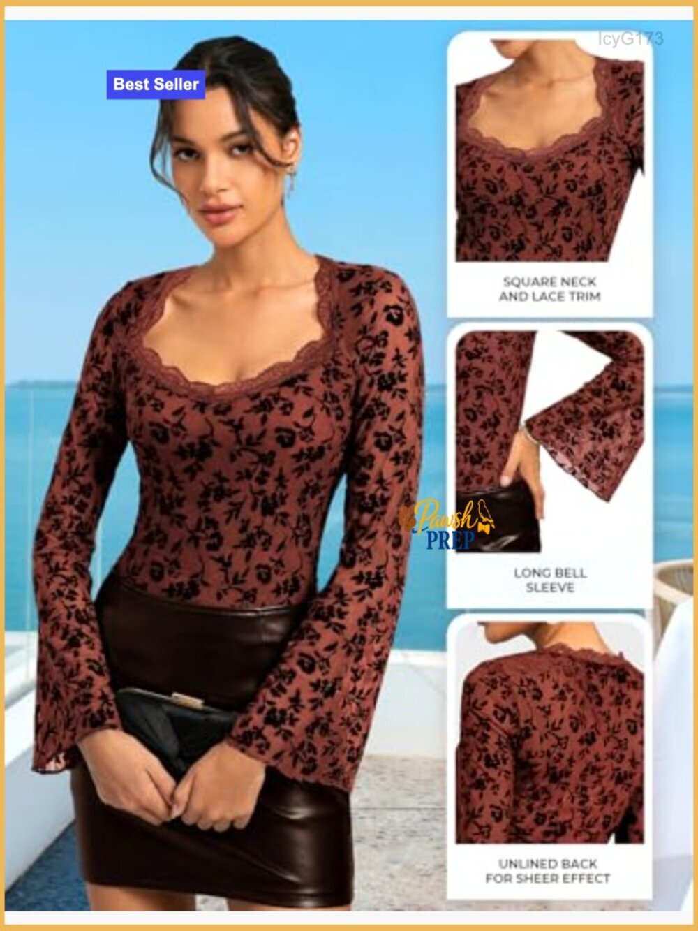 Mesh Long Bell Sleeve Top, Lace Floral Square Neck, Slim Fit - Picture 3 of 7